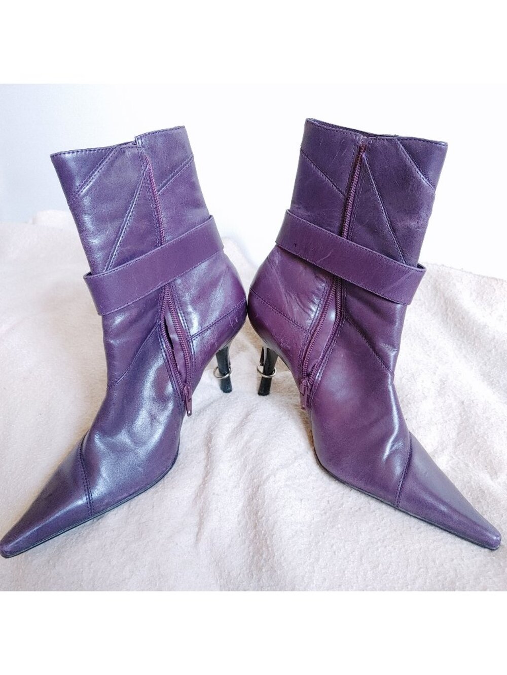 Real Leather Ankle Boots - Stiletto Heel, Buckle and Straps